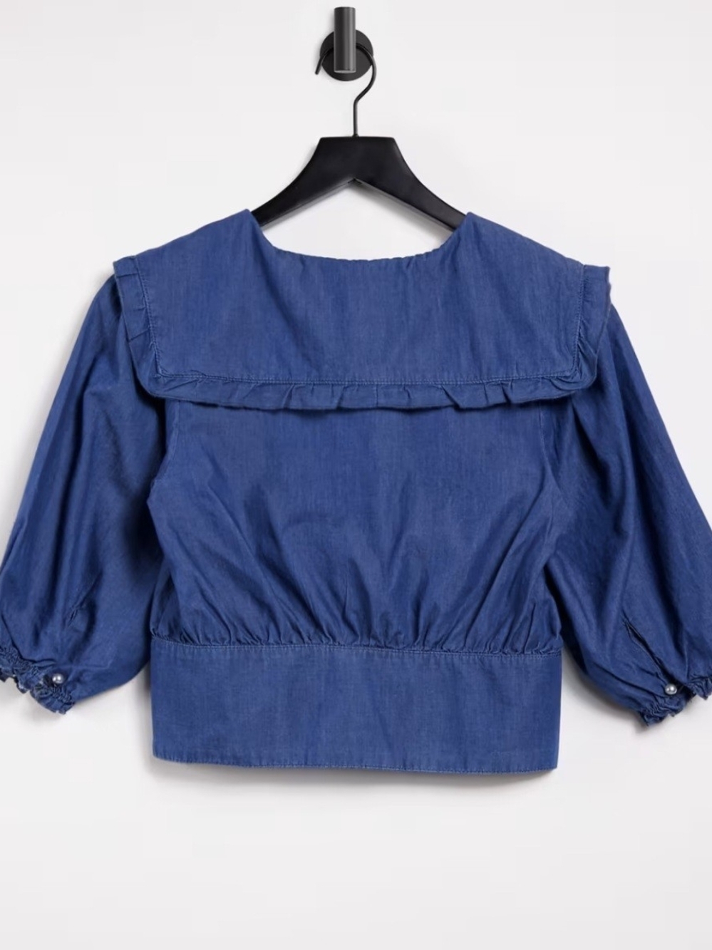 New Look Blue Ruffle-Collar Button Front Denim Top - Picture 7 of 9